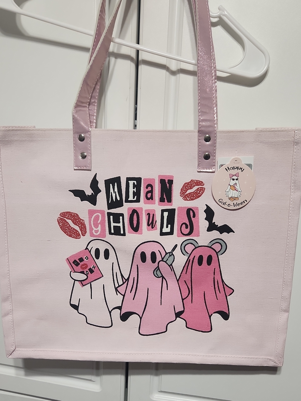 NWT Ghost Canvas Tote Bag Mean Ghouls Pink - Picture 1 of 5